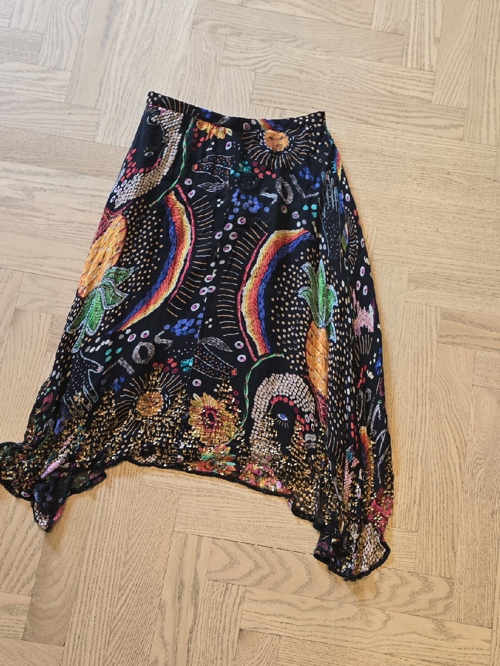 FARM Rio Black Asymmetrical Skirt with Rainbow & Pineapple Print
